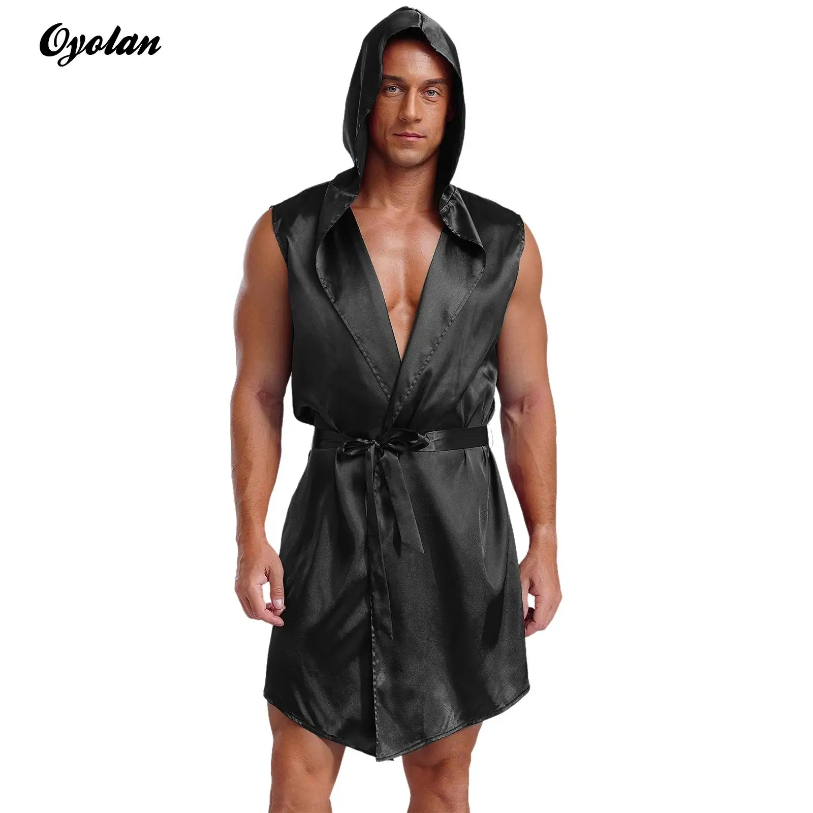 Men's Hooded Robe with Belt Satin Silky Sleeveless Bathrobe Lightweight Nightwear Pajamas Open Front Silky Bathrobe Sleepwear