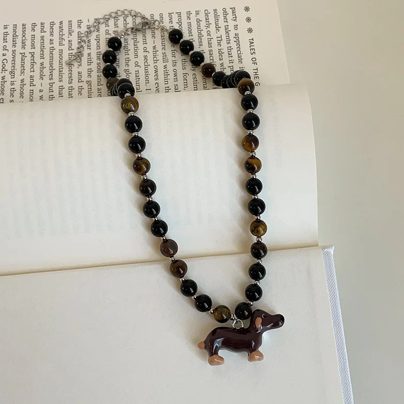 Natural Stone Tiger Eyes Enamel Cartoon Dog Dachshund Pendant Necklaces for Women Girls Beads Strand Chokers Aesthetic Jewelry