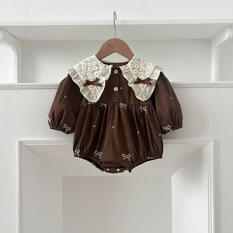 2026 ربيع جديد طفلة حفلة القوس الأطفال رومبير 0-24 متر بأكمام طويلة القطن التطريز الطفل رومبير طفل الأميرة الملابس #4