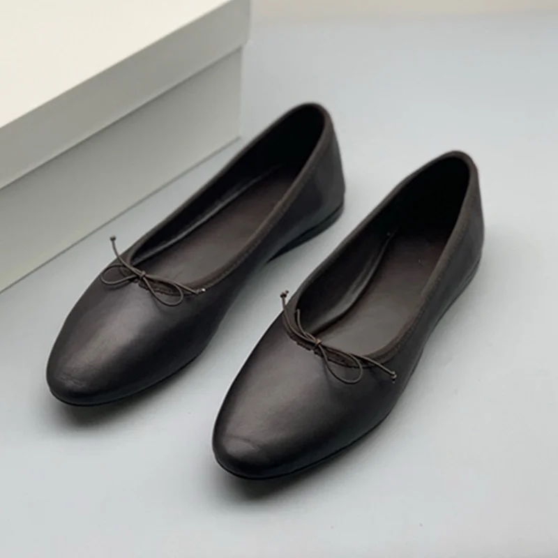 

Maxdutti Minimalist Retro Elegant Silk Bow Ballet Flat Shoes French Office Ladies Lazy Leather Slip On Loafers Shoes For Women