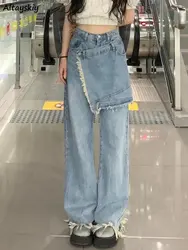 Denim Jeans Women Spring Design Irregular Tassel Chic Retro Straight High Waist Full Length Stylish Джинсы Женские Leisure New