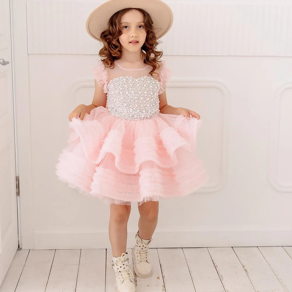 Luxurious Pearls Ball Gown Pageant Gown O-neck Cap Sleeves First Communion Dress Pink Girls Birthday Wedding Party Gown