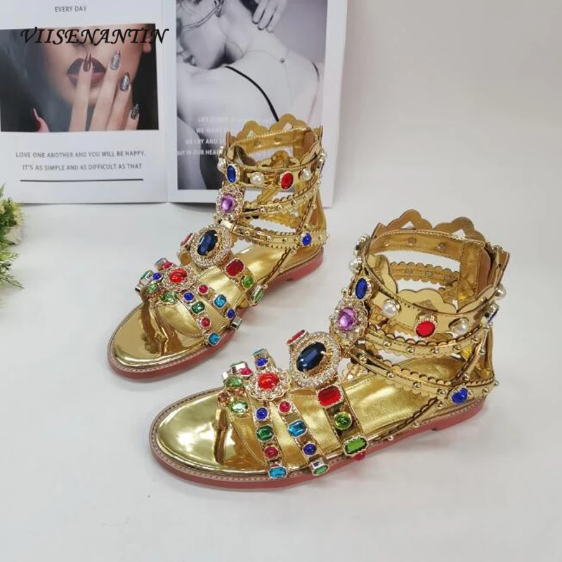 Boots Sandal 2023 INS Hot Fashion Ladies Amazing Party Shoes Flat Zip Close Gold Leather Gemstone Crystal Decoration Sapatos