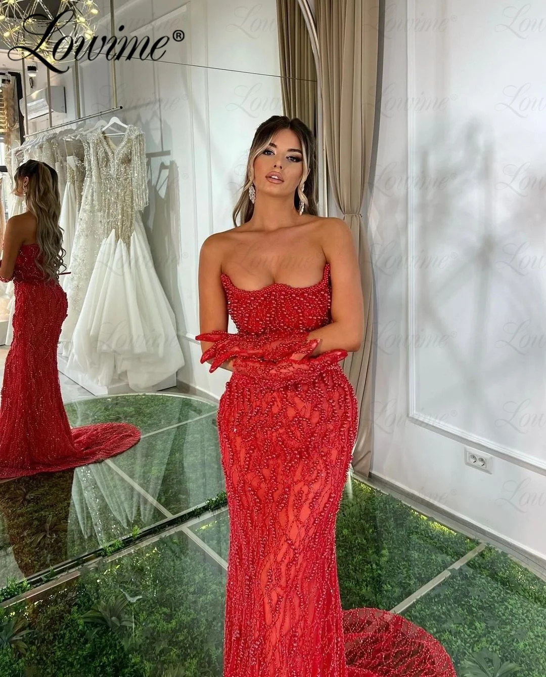 Red Full Beaded Gloves Aso Ebi Long Mermaid Prom Dress Sequined Lace Evening Party Second Reception Engagement Gowns Dresses