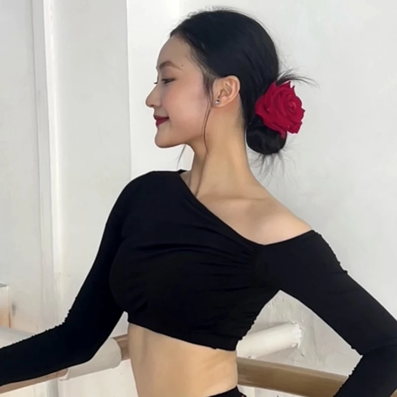 

2025 Slanted Shoulder Long Sleeved Tassel Skirt Latin Dance Outfits For Women Chacha Rumba Tango Adult Latin Costumes DQS19303