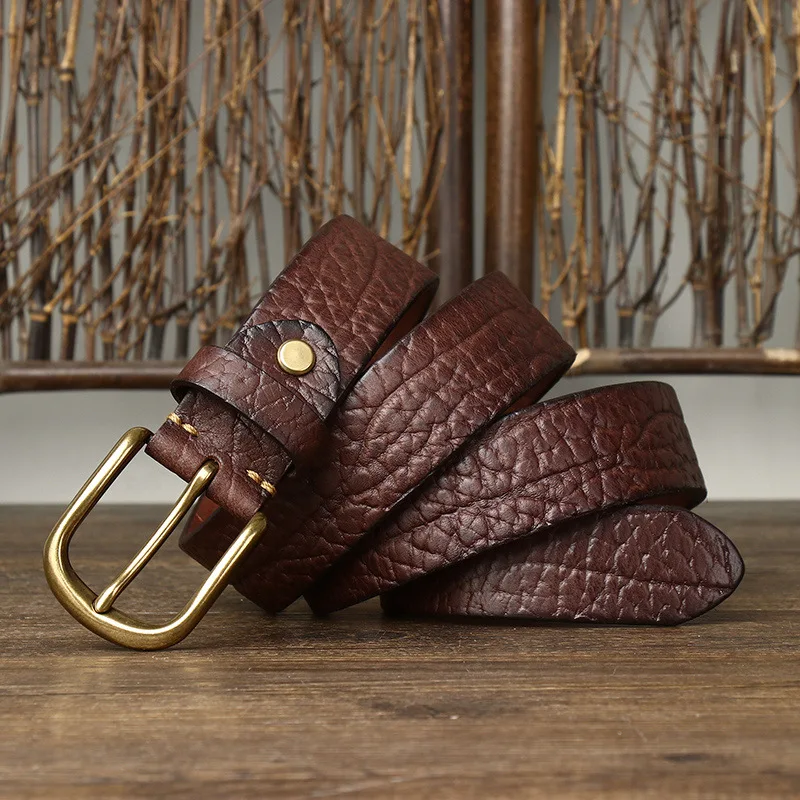 두꺼운 최상층 소가죽 바이슨 가죽 벨트 남성용 정품 가죽 핀 버클 레트로 남성용 청바지 벨트