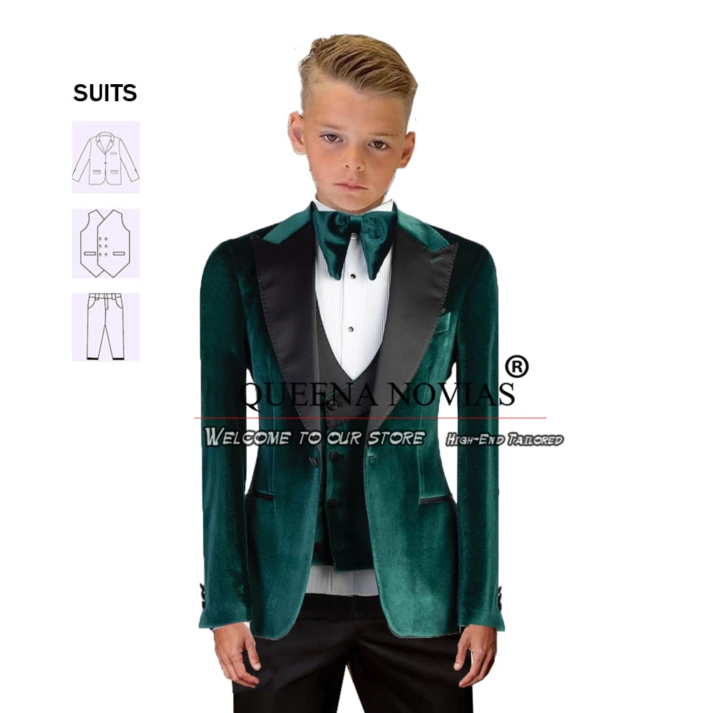 Elegant Boy Suits For Wedding Black Peak Lapel Velvet Jacket Vest Pants 3 Pieces Formal Party Children Tuxedos Bespoke Kids Sets