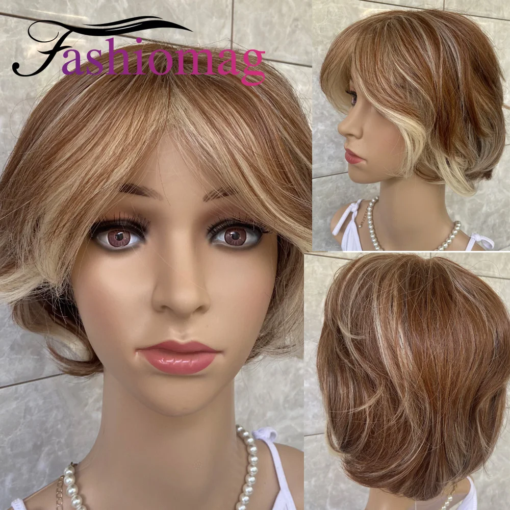 Fashion Short Straight Highlight Blonde Mix Brown Human Hair Blend Heat Ok Synthetic Hair Wigs For White Women Natural Daily Use