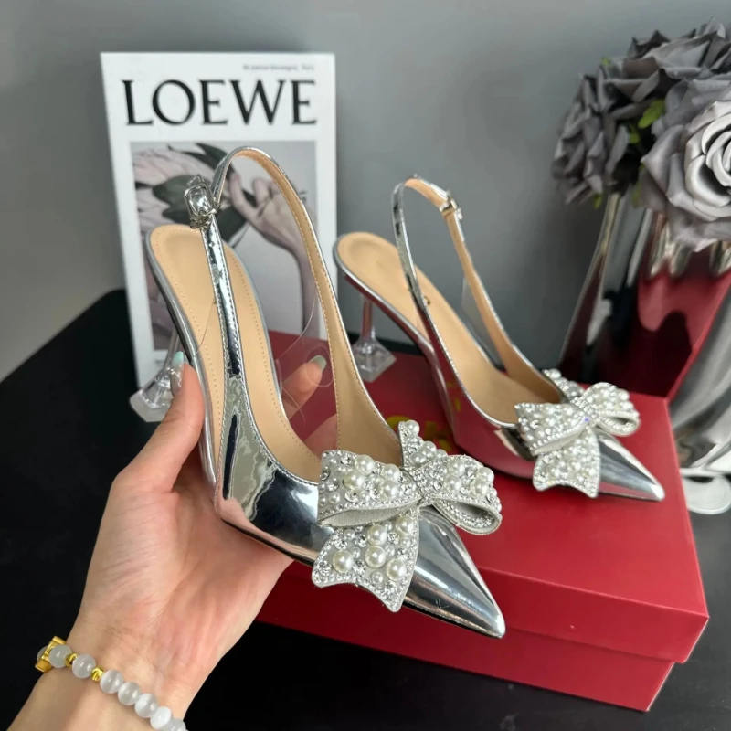 

2026 New Pointed Wine Cup Heel Shoes Pearl Sequins Rhinestone Bow Fashion Banquet Baotou High Heel Shallow Women Sandals