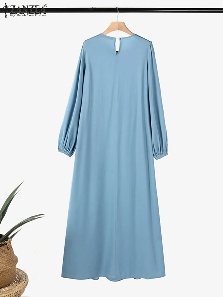 ZANZEA-vestido Abaya azul vaquero con cintura recogida, vestido informal holgado para mujer, Hijab de manga larga con cuello redondo, Vestidos largos musulmanes islámicos