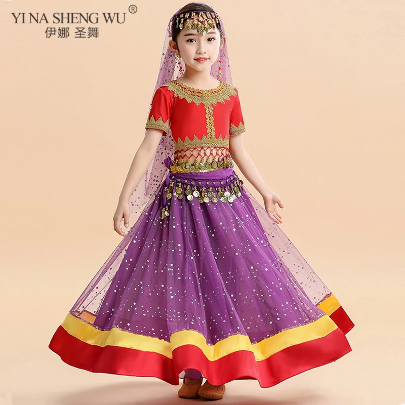 Children Festival Halloween Costumes Indian Dance Belly Dance Kids Bollywood Costumes Princess Fancy Outfit India Girl Top Skirt