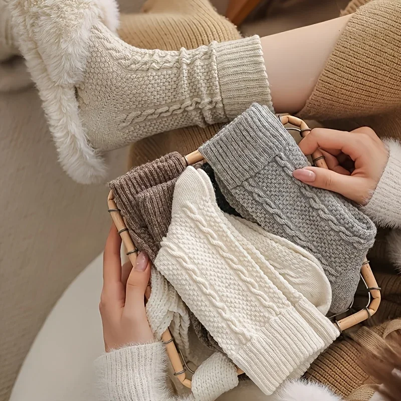5 Pairs Women's Thick Knitted Winter Socks, Warm Cozy Cable Knit Socks, Soft Thermal Socks for Cold Weather Foot Protection