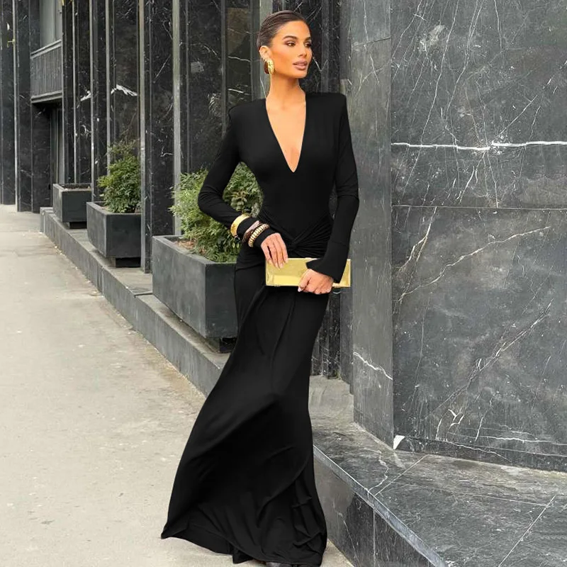 Twist Geraffte Bodycon Maxi Party Kleid Frauen Solide Elegante V-ausschnitt Volle Hülse Dünnes Abendkleid Geburtstag Lange Robe Streetwear