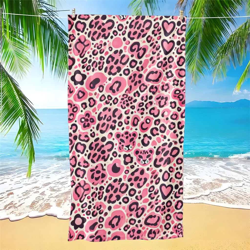 1pc Pink Leopard Heart Pattern Beach Towel | Large Rectangular Microfiber Towel, Sports Sweat Towel, Suitable for Beach Parties