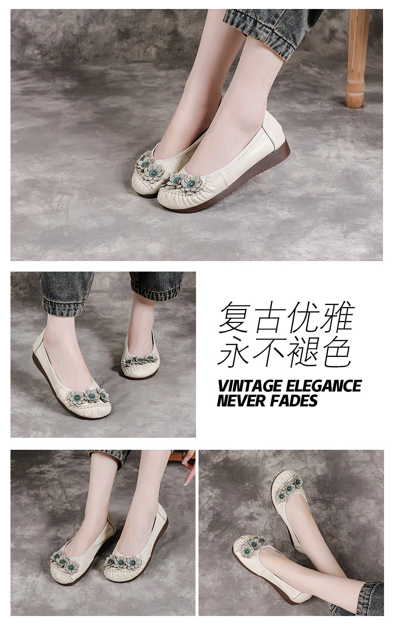 Boho Vintage Echtleder-Ballerinas für Damen, Blumenmuster Slip-On Fahr-Mokassins, Weiche Ethnische Retro-Schuhe, Flache Schuhe für Mütter – Detail 11