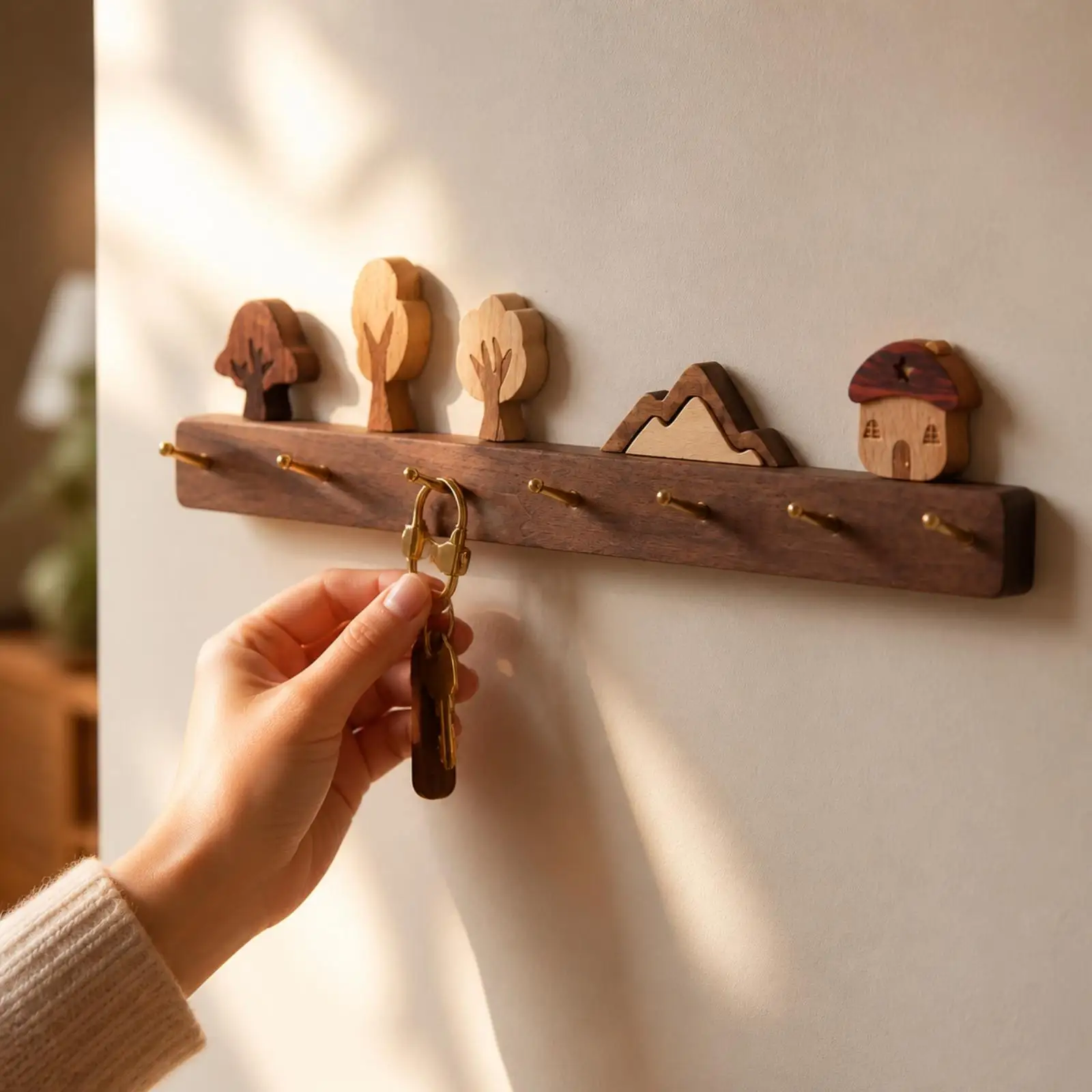 Screwless Wall Hook Rack with Decorative Tree Peak Cabin Elements Mounting Coat Peg Rack Versatile Wooden Wall Hook Set for