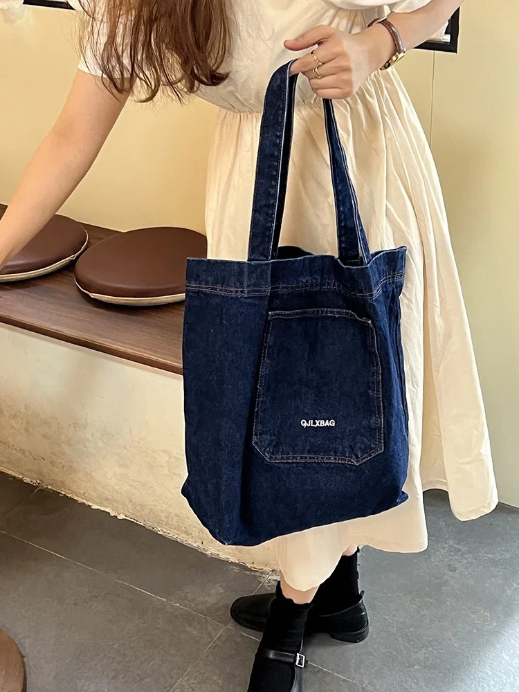 Denim Shopping Bag Large Capacity Portable Open Pocket Commuter Bag Canvas Vertical Square Shoulder Bag