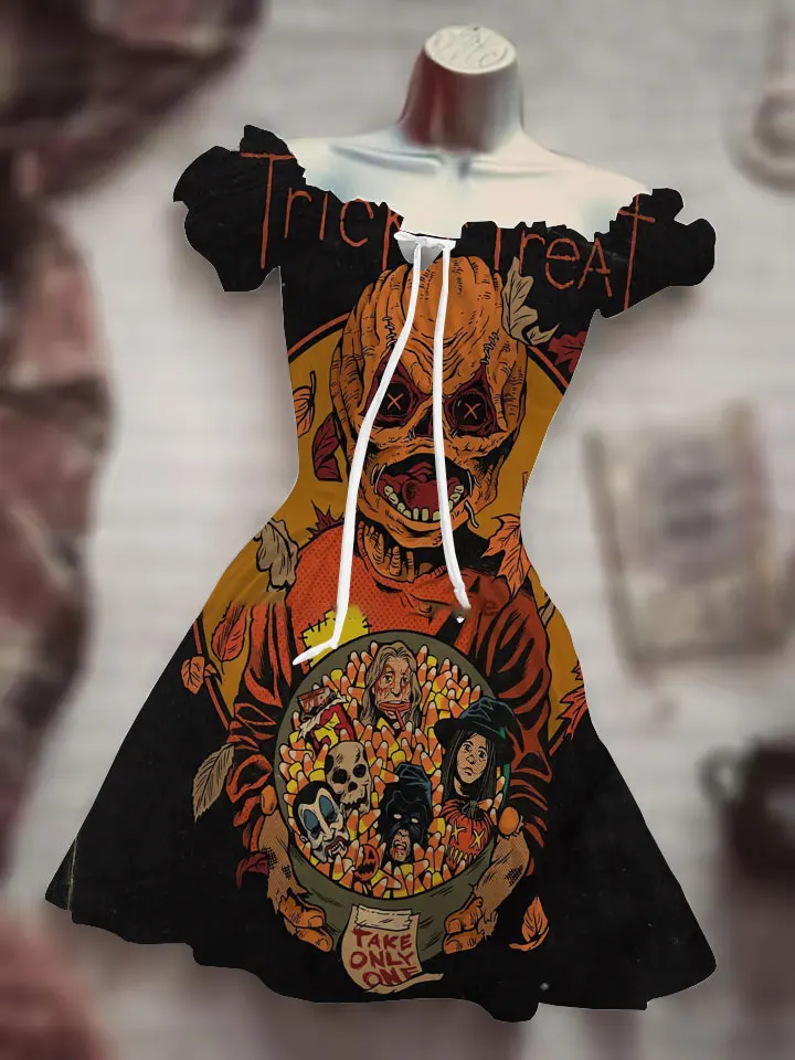 

New 3D printed skull outfit bubble sleeve drawstring casual dress horror Halloween costume short skirt bohemian outfit