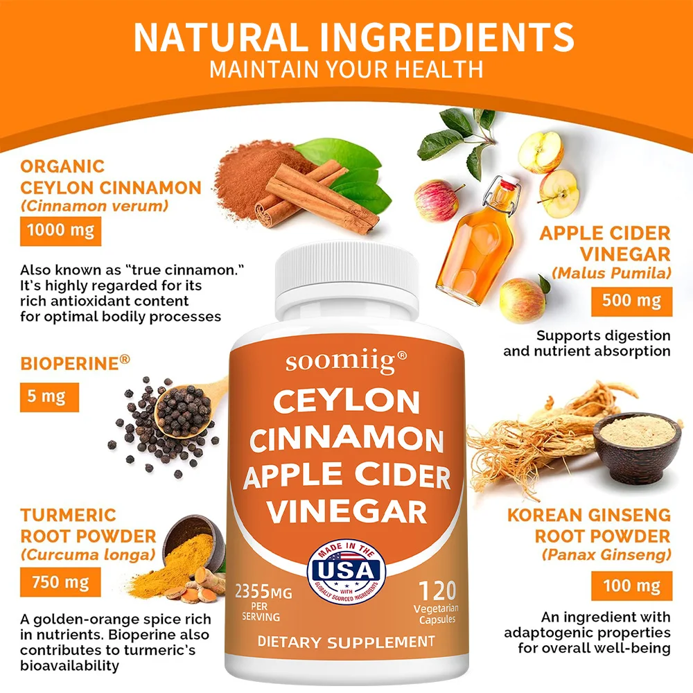 

Organic Ceylon Cinnamon Capsules with Apple Cider Vinegar Turmeric Bioperine, Supports Joint, Brain, Digestive & Heart Health
