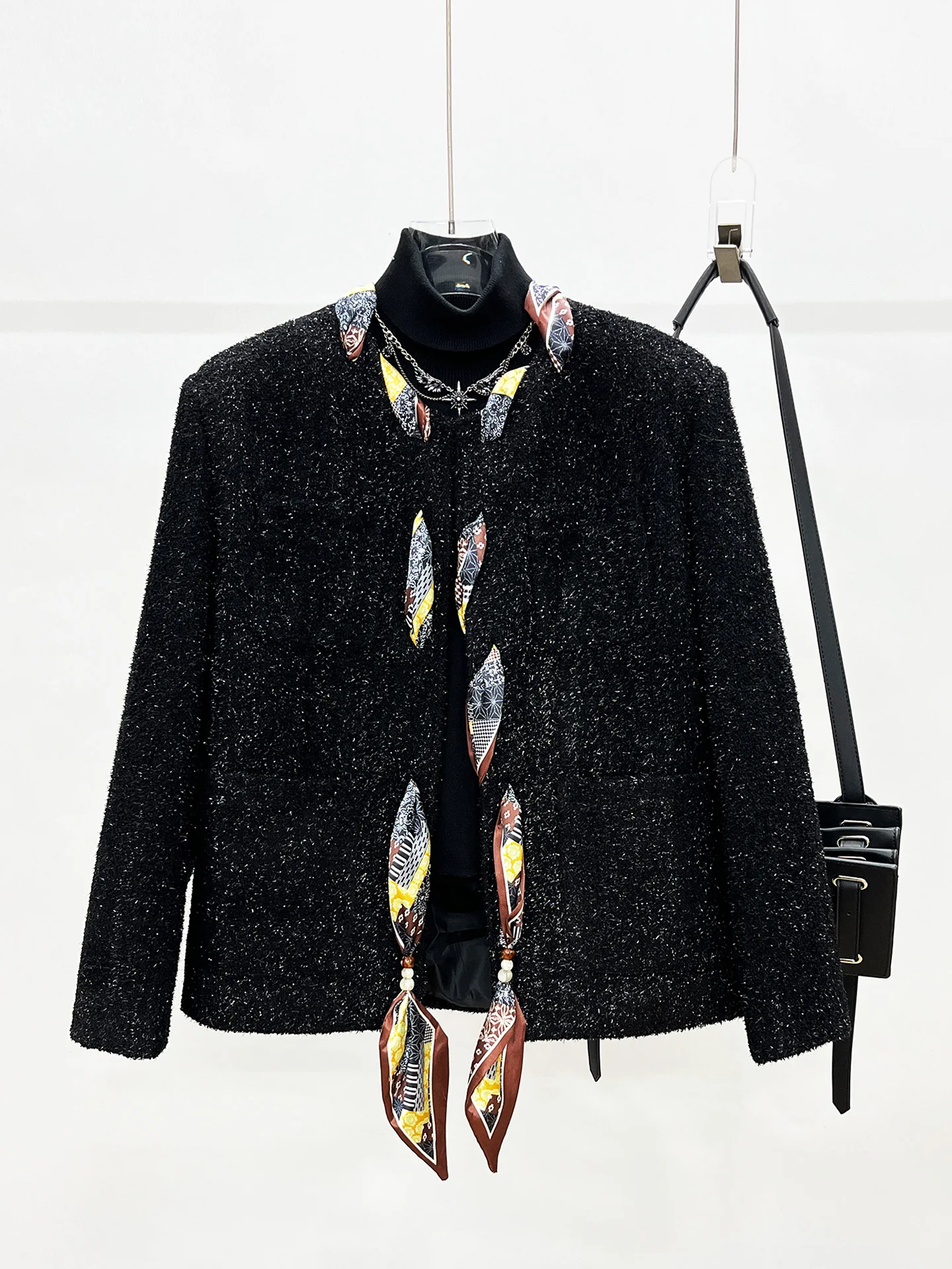 

Trendy Short Shoulder Pad Jacket Men's Loose Fit Silk Scarf Buckle Fashion Personality Autumn Outerwear Casual Street Style