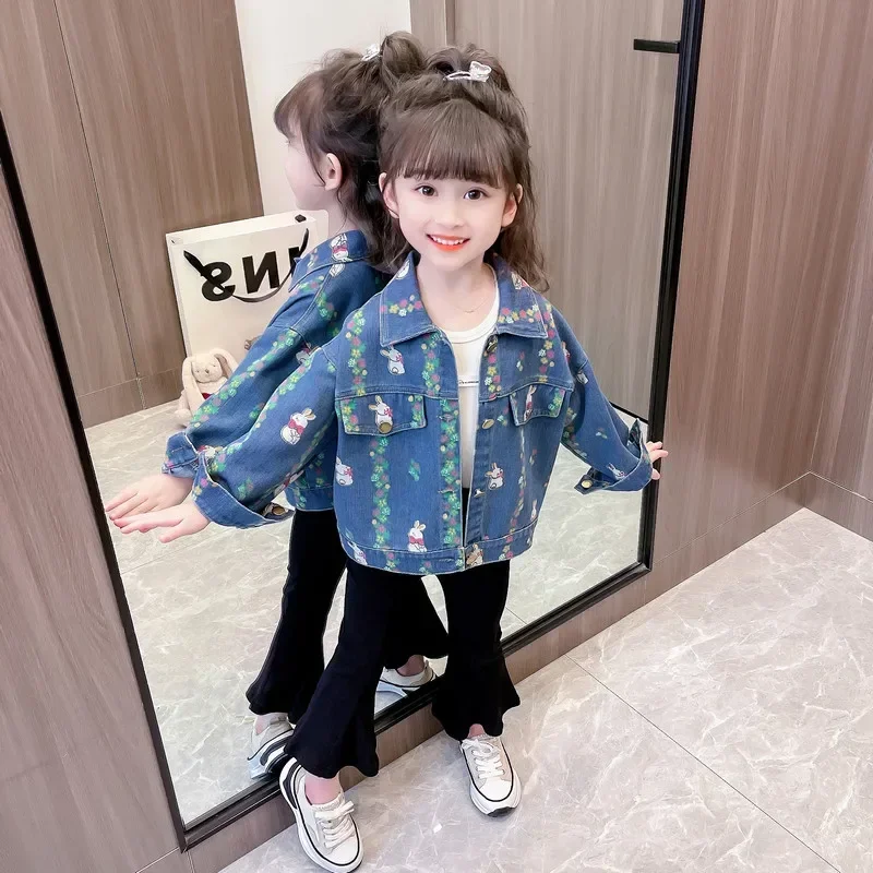 Baby Girls Denim Jacket 2024 Spring Autumn Children Jacket Cartoon Rabbit Floral Princess Clothing Kids Casual Outerwear 2-8Y