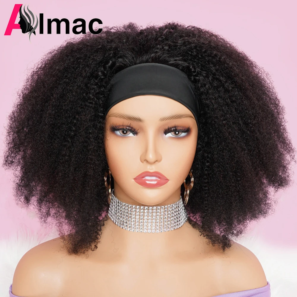 250% Density Afro Kinky Curly Human Hair Wig Headband Scarf Wig For Women Brazilian Remy Hair None Lace Full Machine Made Wigs