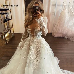 Loveweiwei  V Neck A Line Wedding Dress Appliques Brides Dress Tulle Long Sleeves Wedding Gown Court Train Bridal Dress Vestidos