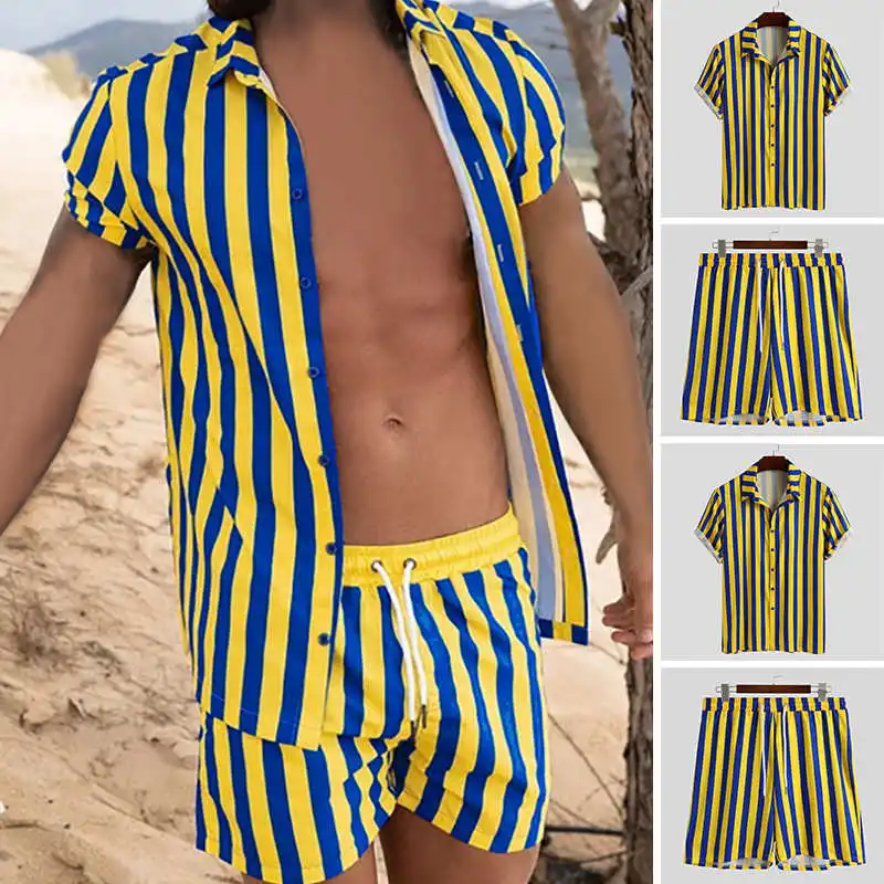 

Slim Fit Men's Short Sleeve Shirt Casual Stripe Print Beach Wear American Style Cotton Linen Business Gentleman Summer Ice Se...