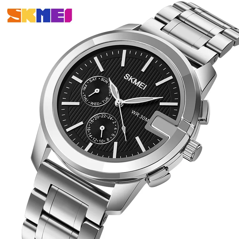 SKMEI Relogio Masculino Waterproof Sports Quartz Wristwatch Clock Luxury Full Steel Watches Mens Casual 24 Hours Week Display