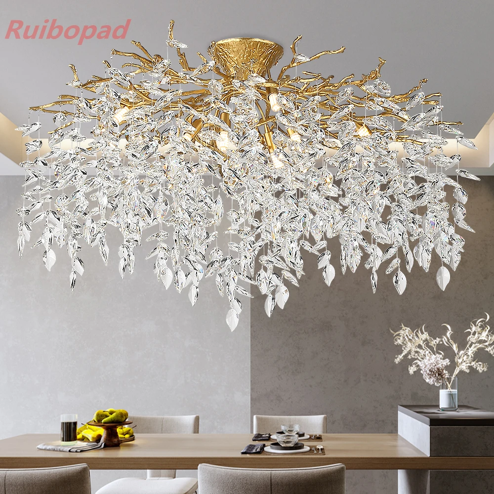 Round Crystal Ceiling Branch Chandelier For Bedroom Lounge Dining Living Room Kitchen Table Modern Gold Tree Branches Chandelier