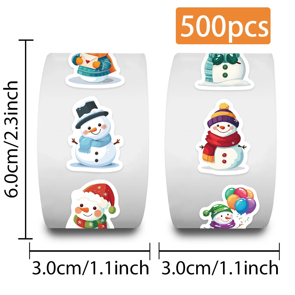 500pcs Christmas Snowman Festival Roll Stickers Cute Cartoon Decal DIY Phone Laptop Guitar Envelope Suitcase Decorative Stickers