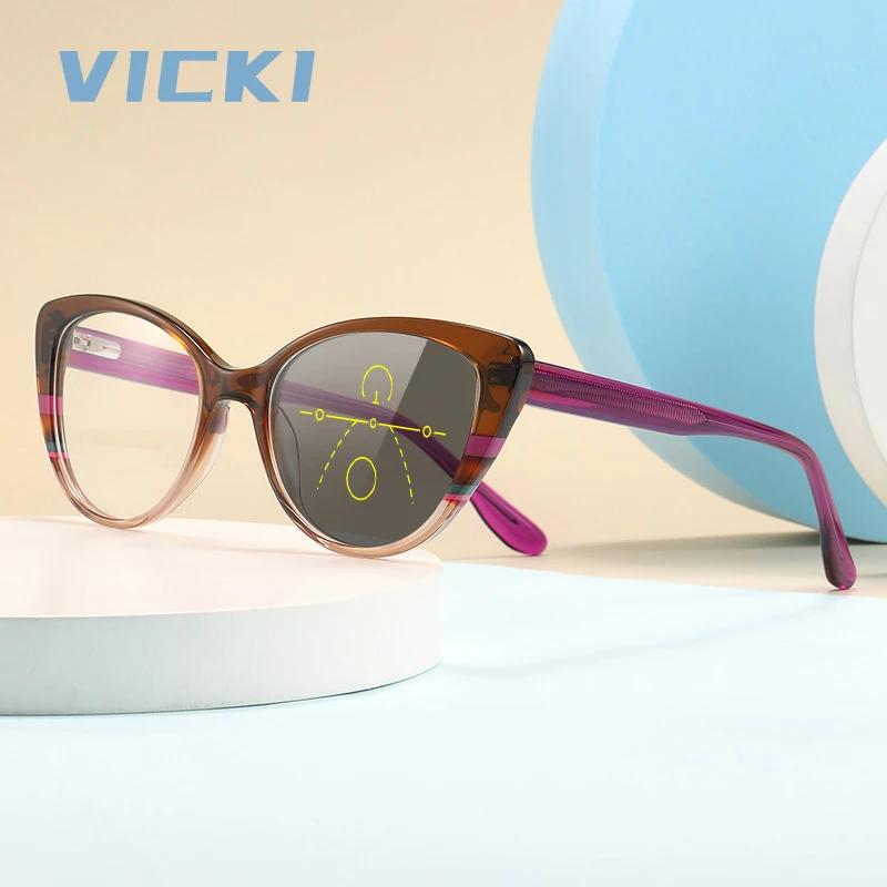 VICKI Premium Cat Eye Plate Frame Fashion Progressive Color Women's Glasses Can Be Customized Prescription Multi-focus 1047