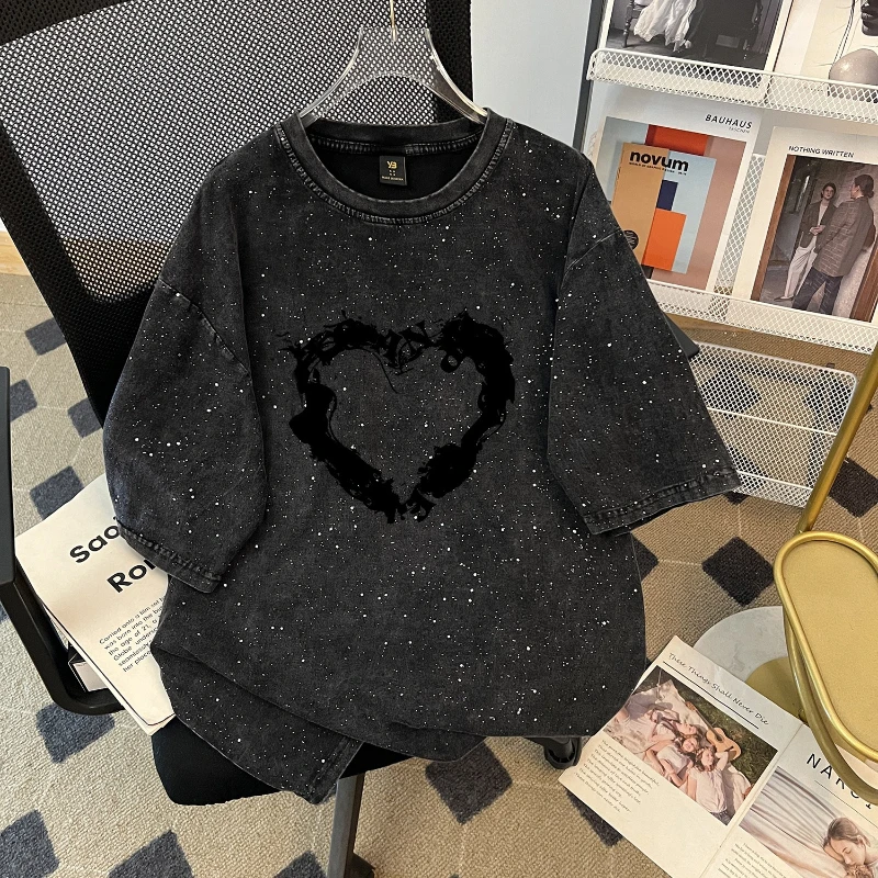 

T Shirts Tops Women Top Vintage Round Neck Short Sleeve Sexy Hot Drilling Y2k Streetwear Casual Loose Elegant Work 2026 Spring