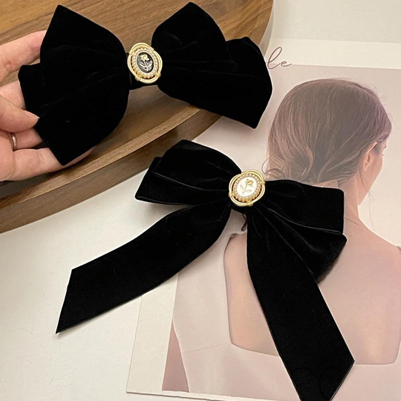 New Black Velvet Bow Hair Pins Elegant Fabric Alloy Roses Hair Clips For Women Fashion Ponytail Barrette Heawear Accessories