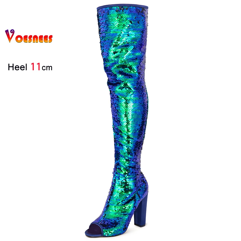Voesnees Größe 36-43 Damen Peep Toe Stiefel Europa und Amerika T Show Model Oberschenkelhohe Schuhe Overknee 11CM High Heels Pailletten Lange Stiefel 4