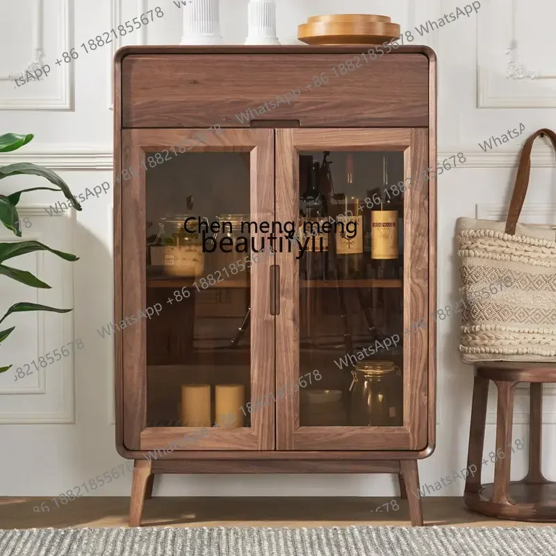 

X A Black Walnut Wooden Liquor Cabinet Living Room Solid Wood Display Cabinet Made of Glass