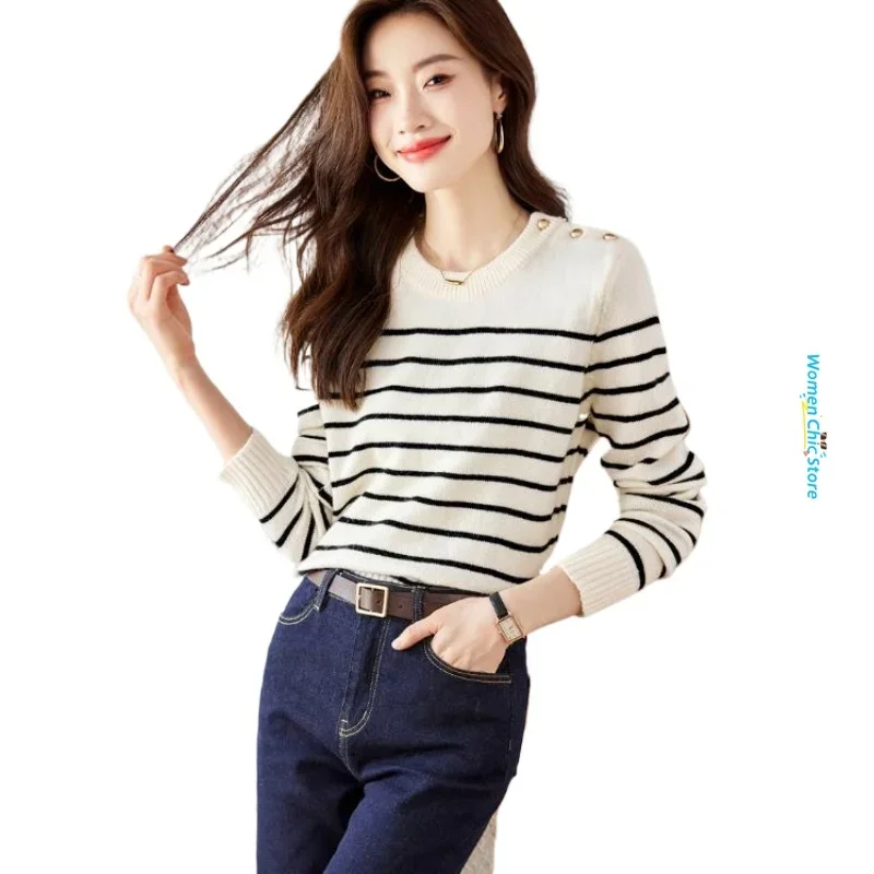 

Women Tops Long Sleeve O-neck Button Spliced Stripe Knitted Sweater Autumn Winter Elegant Chic Slim Fit Pullovers Knitwear D2686