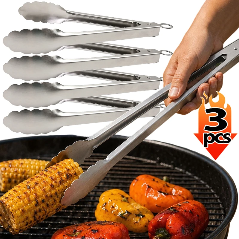 1/3Pcs Stainless Steel Kitchen Tongs Food Grade Non Slip Serrated Tip Heat Resistant Long Handle Locking Hook BBQ Salad Serving