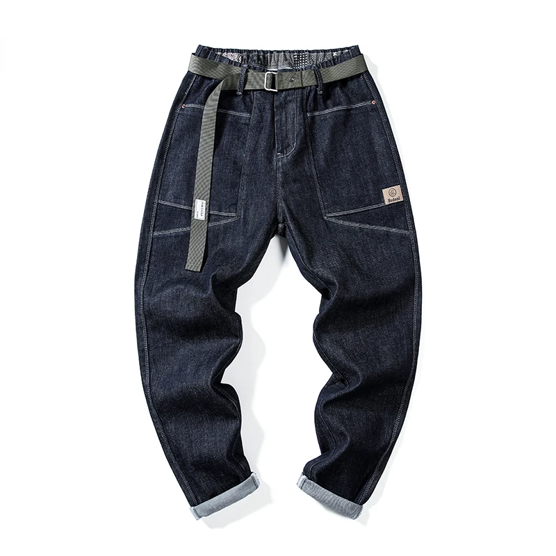 Dark Blue Jeans Men Stretch Loose Fit Wide Leg Spring Summer Casual Harem Pants Elastic Waist Streetwear Patchwork Include Belt