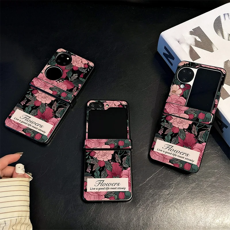 Elegant Pink Blooming Flower Leather Phone Case For Samsung Galaxy Z Flip7 6 5 4 3 Mix Flip Oppo N3 Flip Cases Hinge Protection