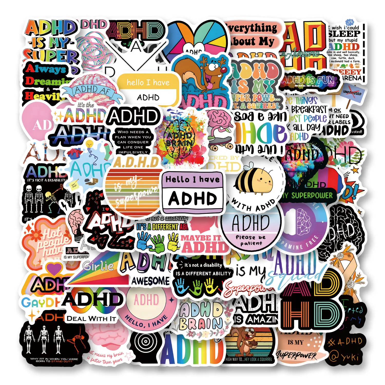 63 Pegatinas de Dibujos Animados para TDAH, Pegatinas Estéticas para Teléfono, Portátil, Maleta, Patineta, Manualidades