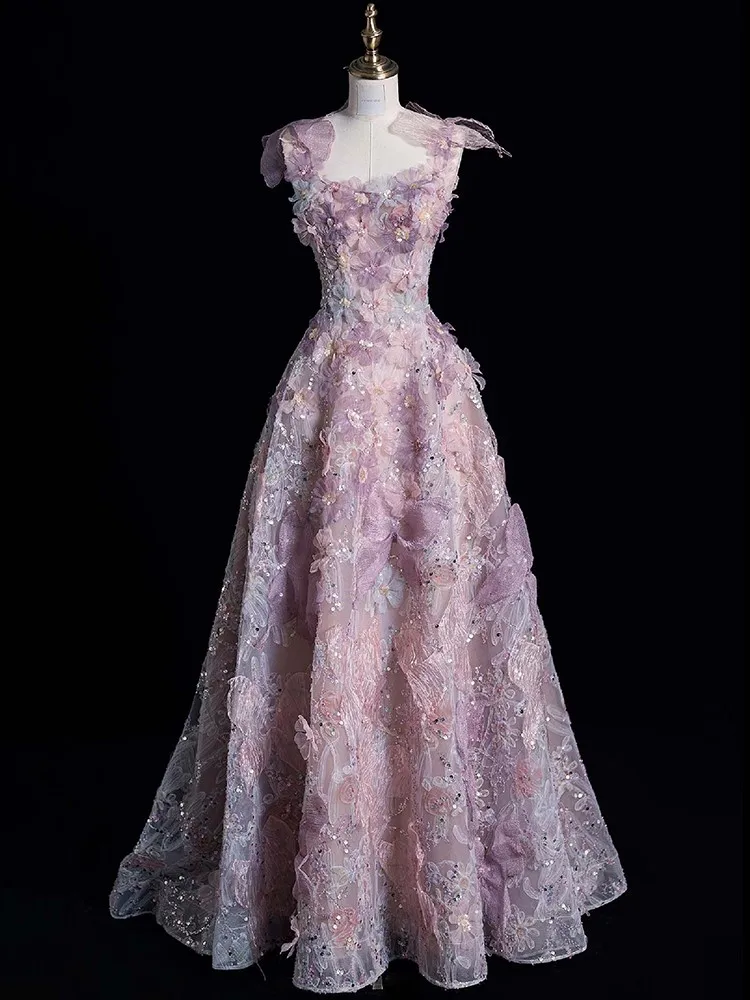 

Purple light luxury niche banquet host coming-of-age ceremony halter morning robe toasting dress