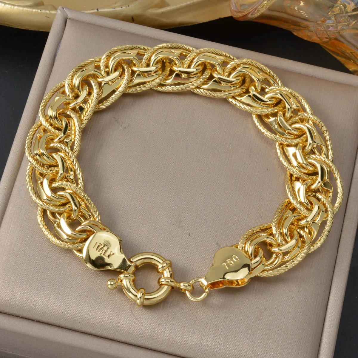 

Mens Thick Gold Plated Cuban Chain Copper Bracelet Hip Hop Street Style Fashion Jewelry Gift for Boys Friends Valentine's Day