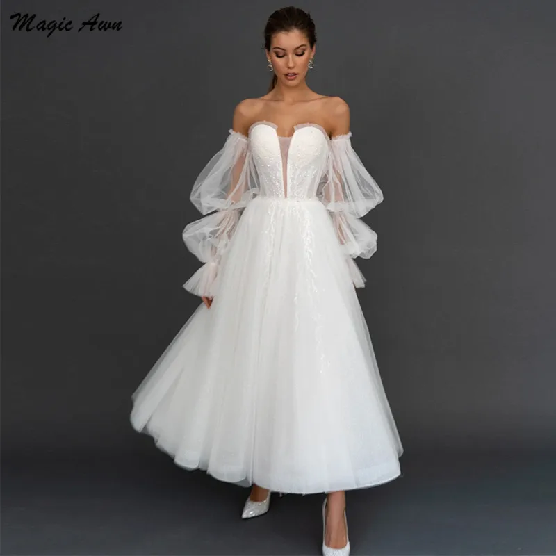 

Magic Awn White Wedding Dresses Detachable Puffy Sleeves Lace Appliques Sequins Illusion Tulle Ankle-Length Bridal Gowns Vetsido