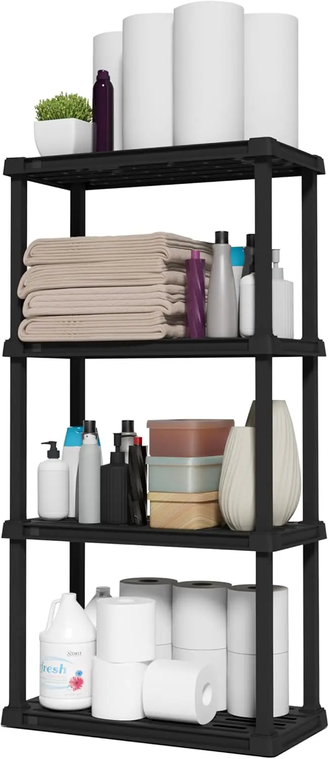 

4-Shelf Plastic Storage Shelves, 200lb, 48' H x 24' W, Black Modular Organizer for Bathroom, Laundry, Garage
