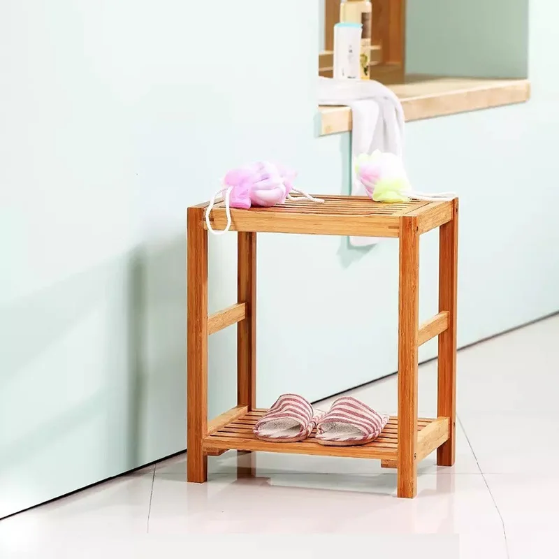 Double Layer Bathroom Stool Solid Wood Shoe Changing Stool Bathroom Shelf Multifunctional Bench Simple Home Living Bathroom