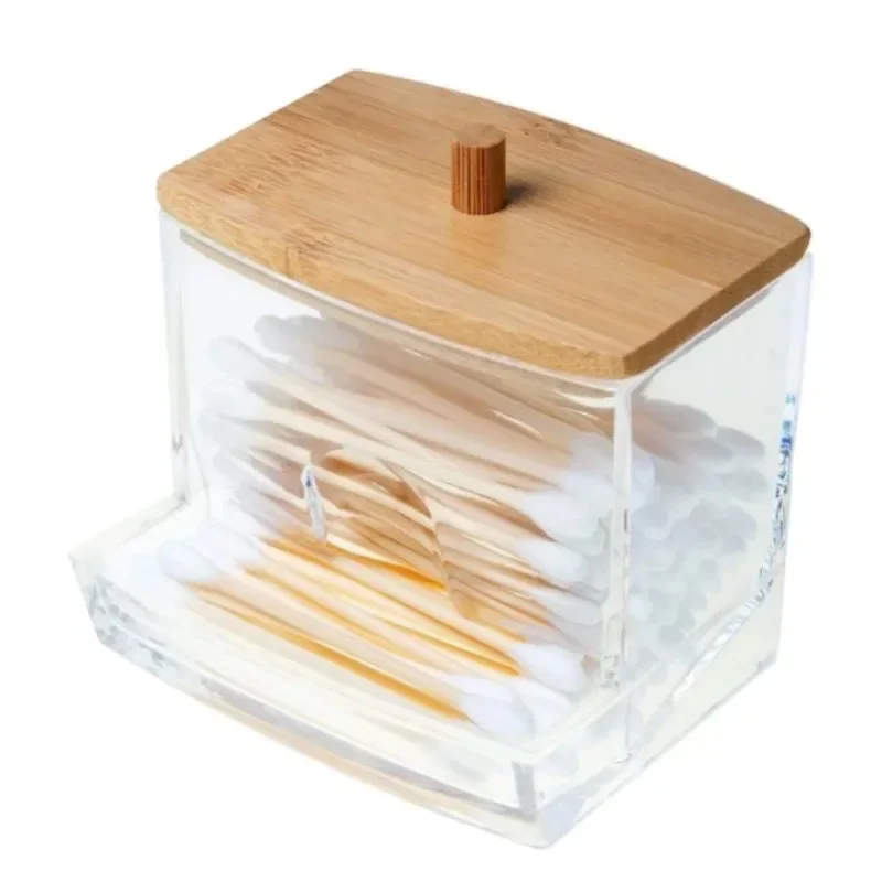 Acrylic Storage Box Bathroom Jar Makeup Organizer Cotton Round Pad Holder Cotton Swab Box Holder Dispenser with Bamboo Lid