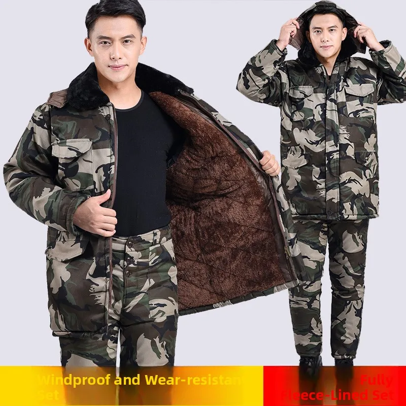 Thickened Camouflage Workwear Set for Men Winter Outdoor Cold-resistant Cotton Jacket And Pants Mid-length Fleece-lined