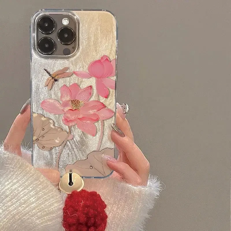 حافظة هاتف لوتس وردية بسيطة لهاتف آيفون 16 حافظة آيفون 11 12 13 14 15 برو ماكس XS X XR 7 8 Plus 16e غطاء ممتص للصدمات