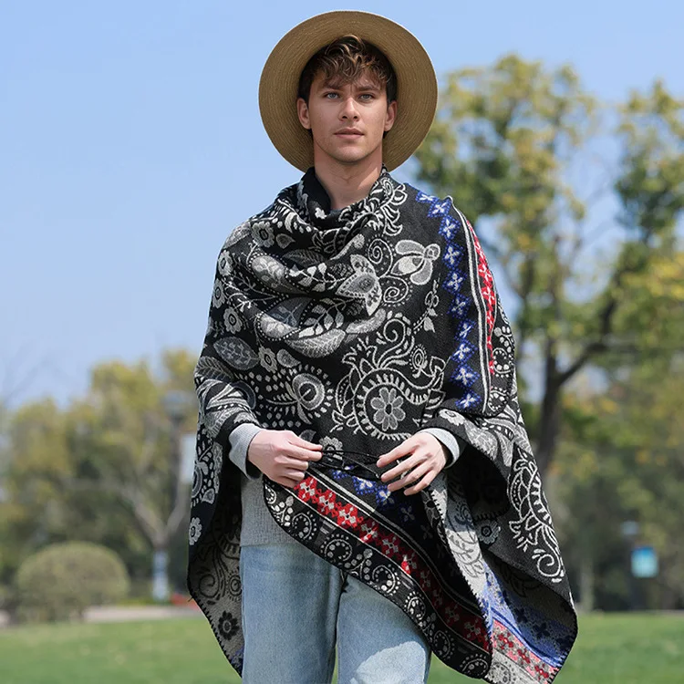 Autumn and Winter New Printed  Cape Shawl Warm Men's Hot Selling Split Cape Travel Driving Multi-purpose Poncho Cloak P1